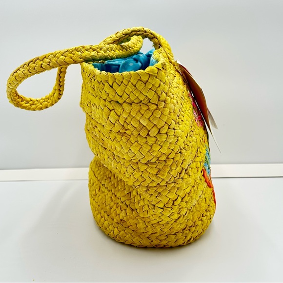 Woven Tote Beach Bag Large Bow Tie Embroidery Polka Dot Lined Yellow NWT Boho - Picture 5 of 13